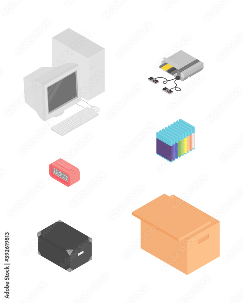 Office supplies set with computer. Isometric vector illustration in flat design. Working from home, office, doing homework, school.
