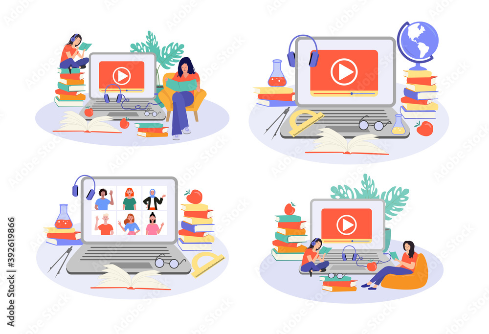 E-learning, online education at home concept.
Distance education, online courses, tutorials, webinar, digital classroom, online teaching metaphors. Flat vector illustration, isolated objects. E-learning, online education at home concept.
Distance education, online courses, tutorials, webinar, digital classroom, online teaching metaphors. Flat vector illustration, isolated objects.