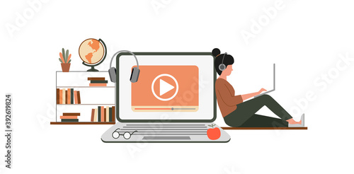 E-learning, online education at home concept.
Distance education, online courses, tutorials, webinar, digital classroom, online teaching metaphors. Flat vector illustration, isolated objects.