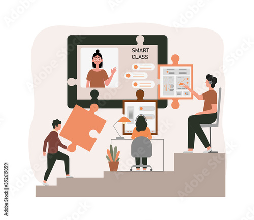 E-learning, online education at home concept.
Distance education, online courses, tutorials, webinar, digital classroom, online teaching metaphors. Flat vector illustration, isolated objects.