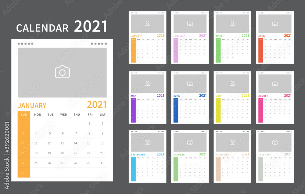 Calendar 2021 colorful template. Calendar template design with place for photo. Vector illustration Calendar 2021 colorful template. Calendar template design with place for photo. Vector illustration