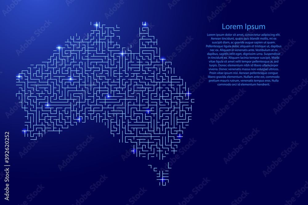 Australia map from blue pattern of the maze grid and glowing space stars grid. Vector illustration.