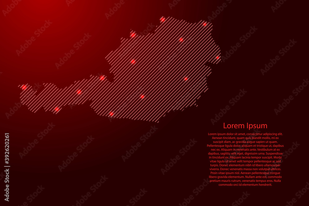 Austria map from red pattern slanted parallel lines and glowing space stars grid. Vector illustration.