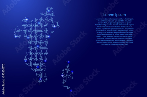 Bahrain map from blue pattern of the maze grid and glowing space stars grid. Vector illustration.