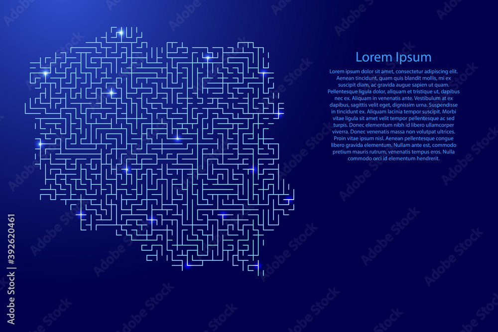 Poland map from blue pattern of the maze grid and glowing space stars grid. Vector illustration.