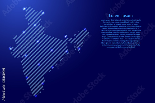 India map from blue pattern slanted parallel lines and glowing space stars grid. Vector illustration.