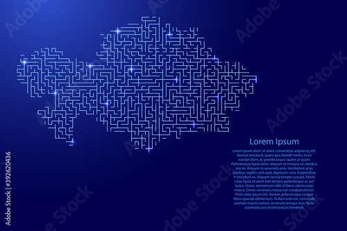 Kazakhstan map from blue pattern of the maze grid and glowing space stars grid. Vector illustration. © elenvd