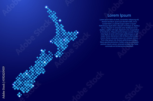 New Zealand map from blue pattern rhombuses of different sizes and glowing space stars grid. Vector illustration.