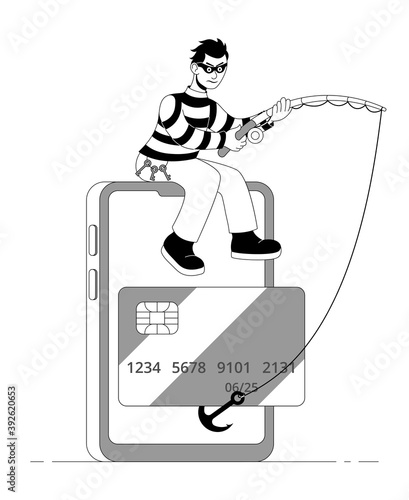 Masked robber with a fishing rode stealing credit card from a smartphone. Cartoon flat vector illustration.