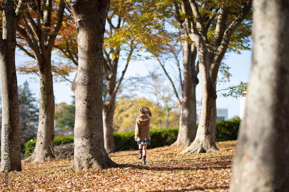 秋の公園で遊ぶ少女
