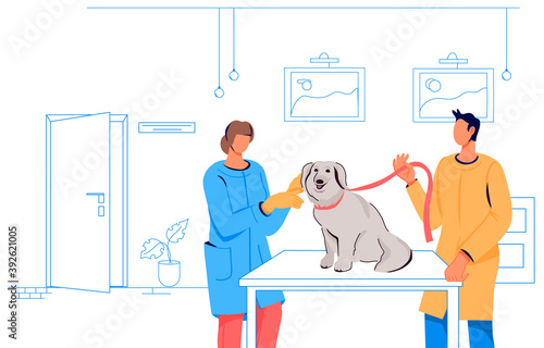 Veterinary doctor examining a sick dog in vet clinic office. Veterinary office or hospital scene with cartoon characters of doctor, pets owner and dog, flat vector illustration isolated on white.