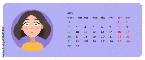 Female user profile. Calendar for the month of may 2021. A character for a screen saver with emotions. Vector illustration.