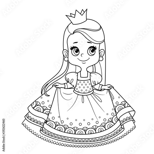 Cute princess in lush dress outlined for coloring book