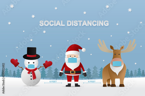 Social Distancing. Santa claus, moose and snowman keeping distance for infection risk disease. Christmas cartoon character wearing face mask for prevent virus. Healthcare and disinfection concept