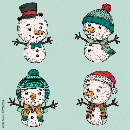 PrintHand drawn snowman character set collection photo