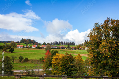 Forest, meadows and houses in the countryside on a clear sunny autumn day