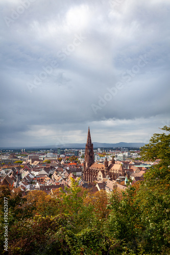 View of Freiburg im Breisgau, cathedral and mountains on a clear sunny autumn day