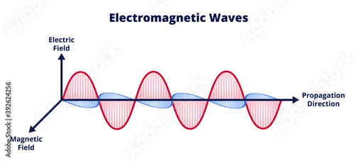 Vector scientific illustration of electromagnetic wave consisting of electric and magnetic fields and propagation isolated on a white background. Wavelength, amplitude, frequency. Radio waves, light. photo