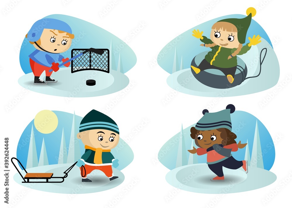 Winter children's outdoor recreation. Hockey game. Riding on an inflatable snow tube. Figure skating on ice. Sledging. Winter children's outdoor recreation. Hockey game. Riding on an inflatable snow tube. Figure skating on ice. Sledging.