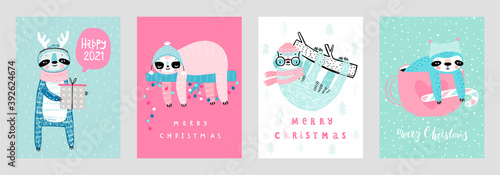 Christmas cards with Cute Sloths celebrating Christmas eve, handwritten letterings and other elements. Funny characters.