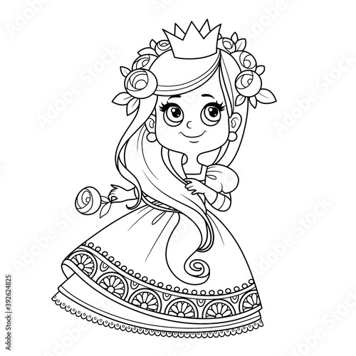 Cute princess with long hair in ball dress outlined for coloring book