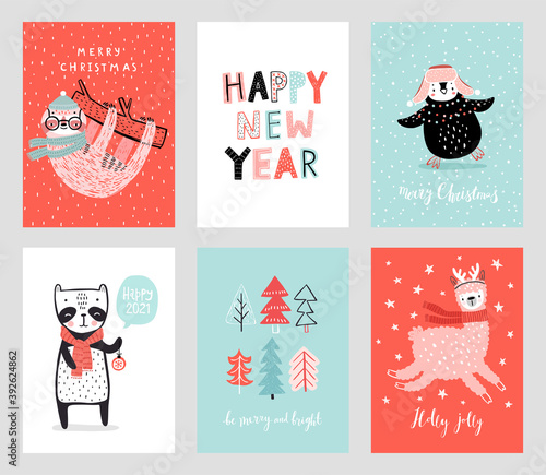 Cute Christmas cards with animals celebrating Christmas eve, handwritten letterings and other elements.