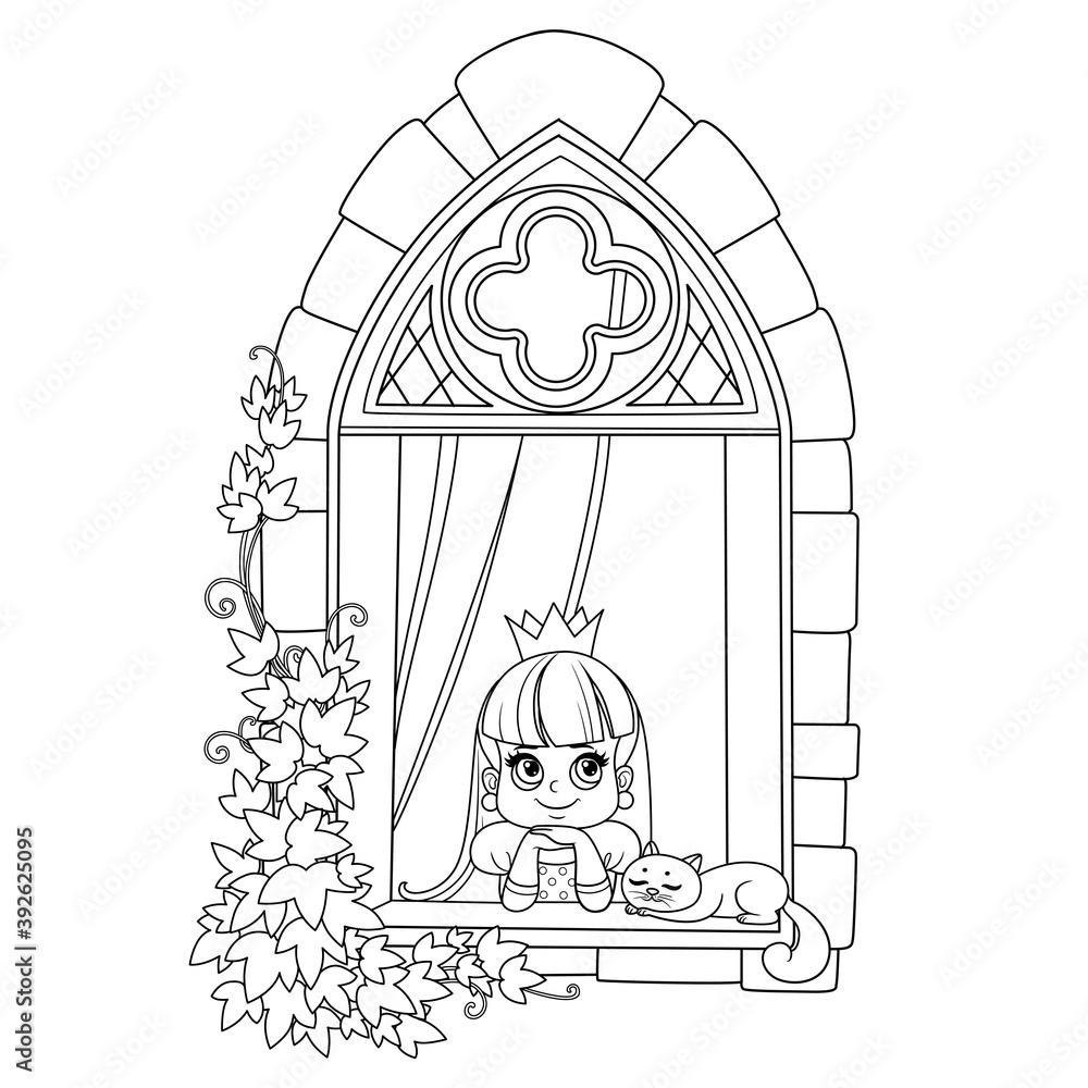 Cute princess looks out of a castle window covered with ivy outlined for coloring book Cute princess looks out of a castle window covered with ivy outlined for coloring book