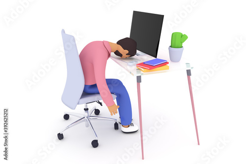  Professional and freelanse burnout,  work at home and exhausted man. Mental health problem and procrastination concept illustration. 3d render illustration photo