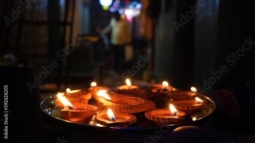 Deepavali oil lamps.Colorful diwali diyas during indian festival.