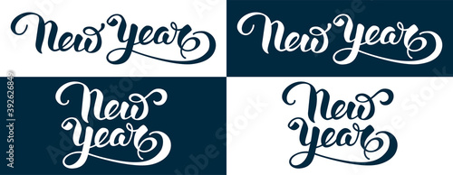 Happy New Year artistic and unique lettering in calligraphy style. Handwriting by brush typography set. Easy to use for any designs for Christmas and New Year celebrations. Vector illustration.