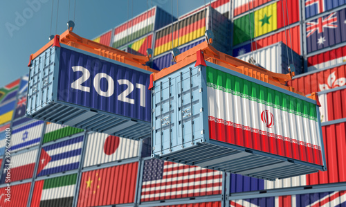 Trading 2021. Freight container with Iran flag. 3D Rendering © Marius Faust