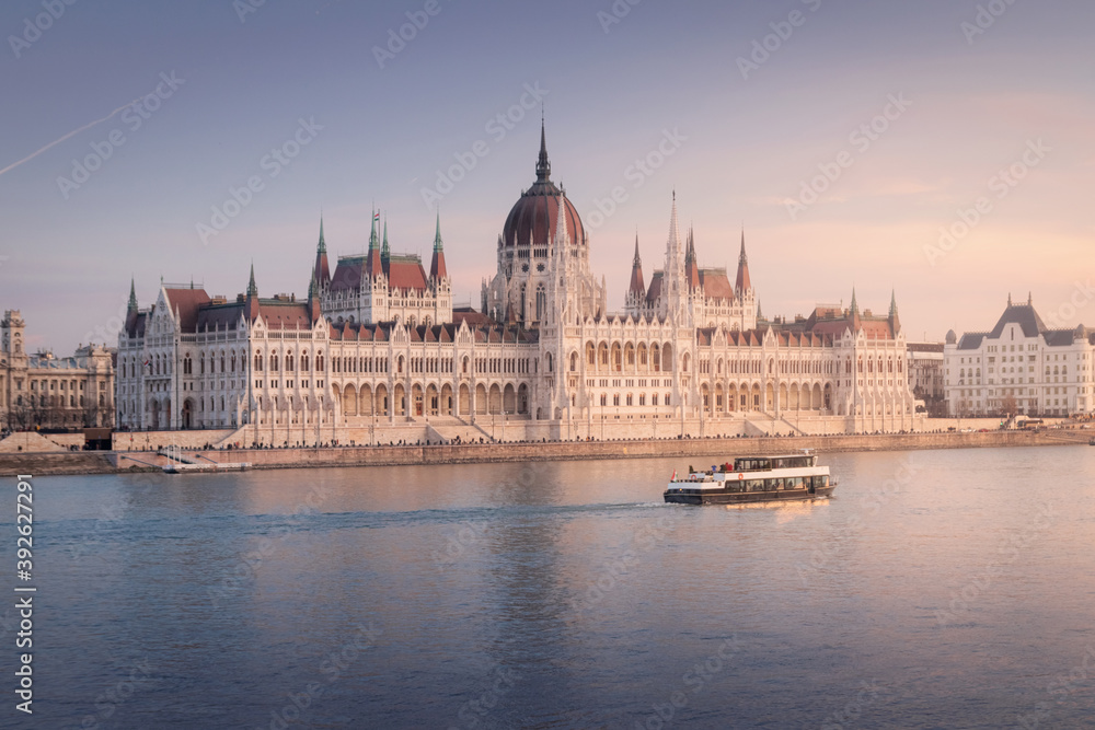 View of Budapest parliament at sunset, Hungary
