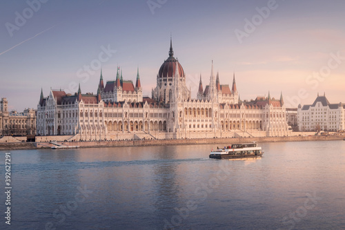 View of Budapest parliament at sunset, Hungary (ID: 392627291)
