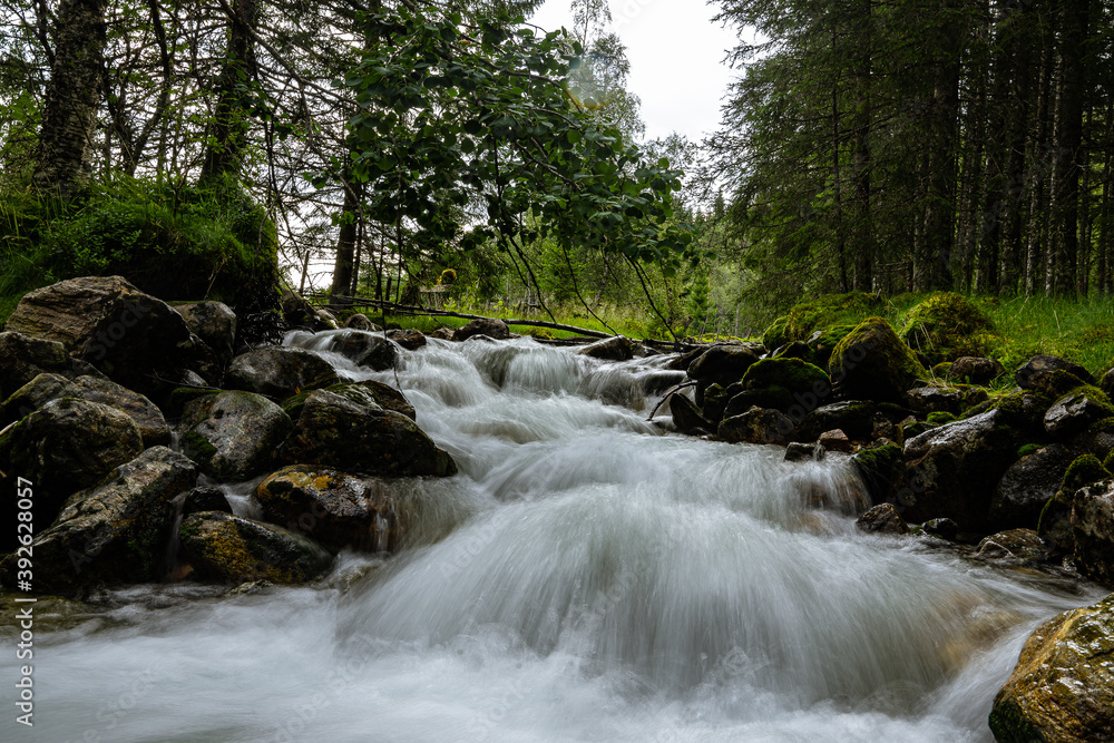 Flowing water over stones in a forest in Norway Flowing water over stones in a forest in Norway