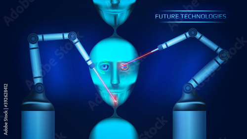 A futuristic concept of creating artificial intelligence on a conveyor belt. Two mechanical manipulators create cybernetic robot heads with lasers. Cyborg face. Vector illustration.