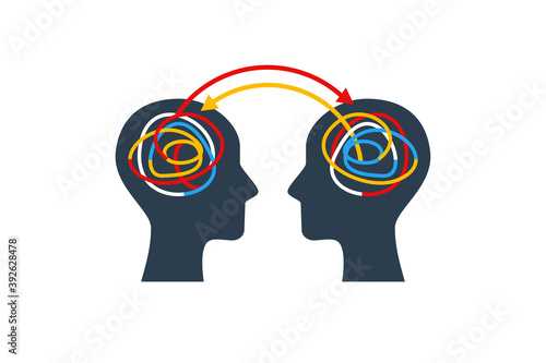 Human heads with colorful lines. Experience and knowledge exchange concept. Vector illustration. Brain as tangled knot or scribbles. Dialog or dispute infographics, business project development