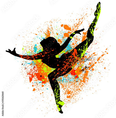 Beautiful dancing girl in bright multicolored splatters.
