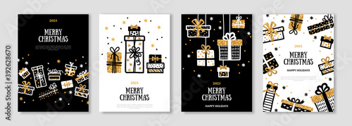 Christmas and New Year 2021 posters set with gold and black gift boxes. Vector illustration. Winter holiday invitations with doodle decorations. Golden glitter pattern.