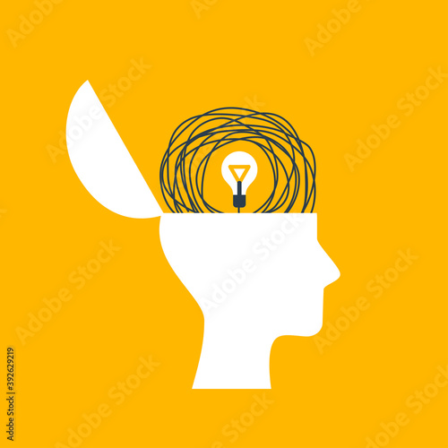 Concept of psychotherapy, brainstorming and mental problem solving. Vector illustration. Brain as tangled knot in opened man head. Light bulb idea and scribble lines.