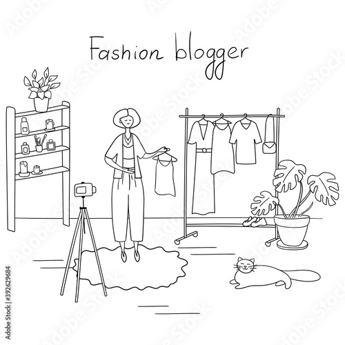 Fashion blogger. Young woman is recording video for her followers. Girl tells how to dress stylishly. Vector linear illustration
