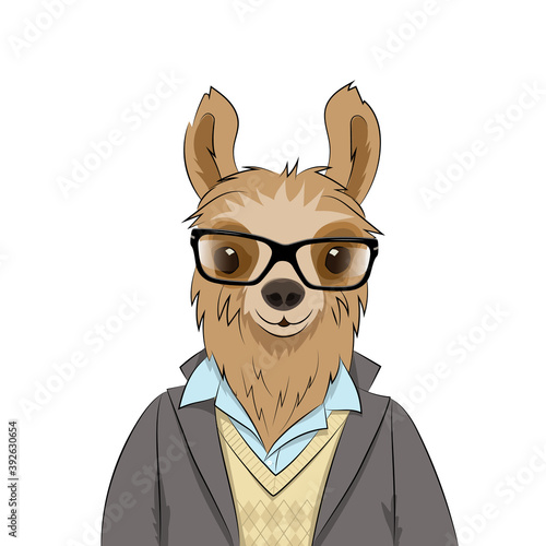Hipster llama with glasses on a white background. Vector illustration.