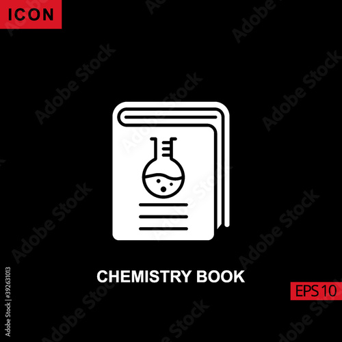 Icon chemistry book with erlenmeyer flask boiling. Filled  glyph or flat vector icon symbol sign collection
