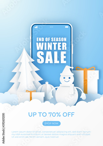 Winter Sale Banner Background. Merry Christmas Online Shopping. 3D Paper Art and Craft.