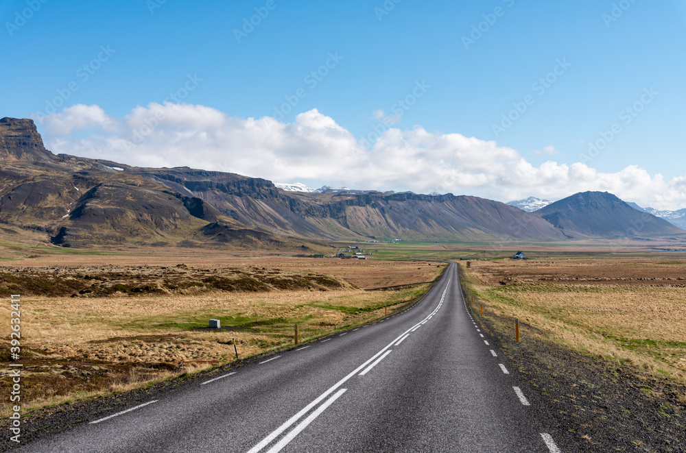 Road going into the distance in beautiful sunny scenic landscape in iceland