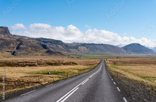 Road going into the distance in beautiful sunny scenic landscape in iceland