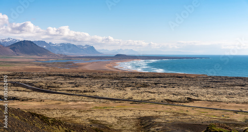 Ocean beach view from Rau  feldsgj   Gorge Rauofeldsgja ravine  Snaefellsbaer  in a scenic sunny spring day