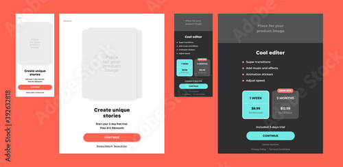 Price table concept. Pricing or subscription plan ui mobile application elements. Mobile app marketing or promotion interface template. Product comparison table.