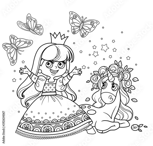 Cute princess in ball dress with cute unicorn baby in roses wreath outlined for coloring book
