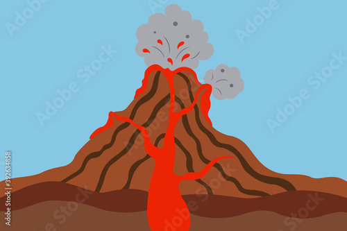 Drawing of an erupting volcano spewing lava and steam, cross section vector diagram