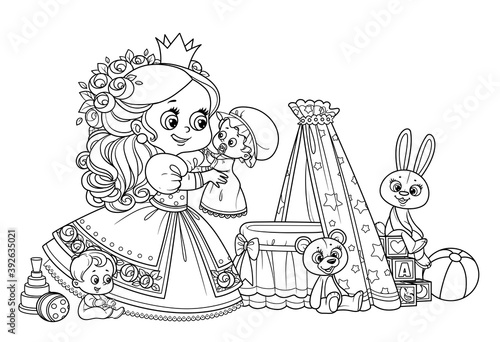 Cute blond princess playing with dolls outlined for coloring book